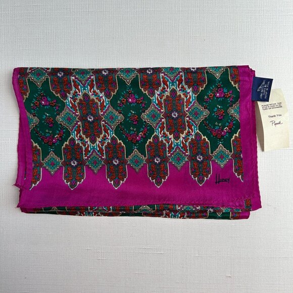 Vintage Silk Scarf Honey NWT 10x50, Geometric Floral Print, Fuchsia Green Red - Picture 1 of 10